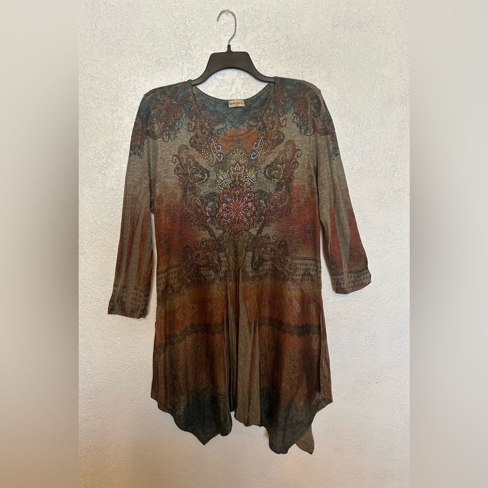 Studio Gem Below Knee Long Sleeve Handkerchief Hem Dress Brown Midi Dress Sz 2XL